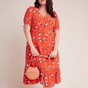 ANTHROPOLOGY MAEVE Orange Red Flowy Chic Feminine Eudora Midi Dress Size 14